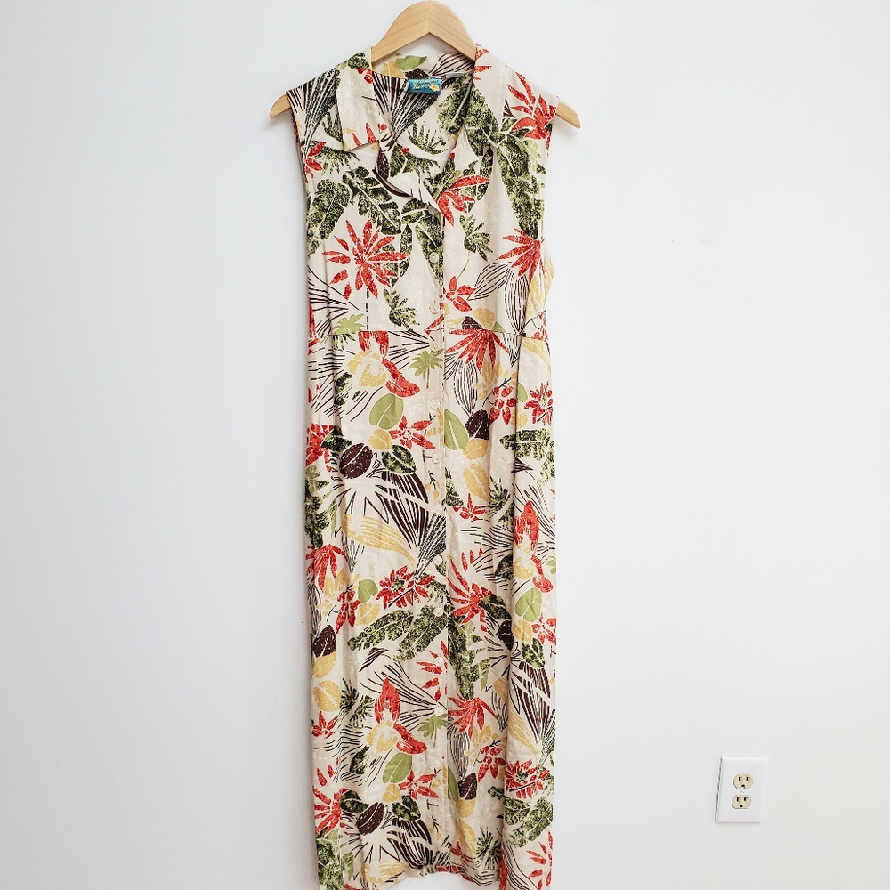 Vtg 90's Tropical Hawaiian Maxi Dress Tie Back Button Front Coastal Grandma Sz L